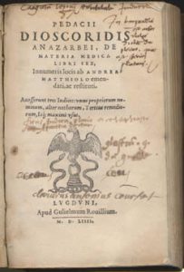 Title page of De Materia Medica by Pedanius Dioscorides, 1554. (Image: University of Virginia)